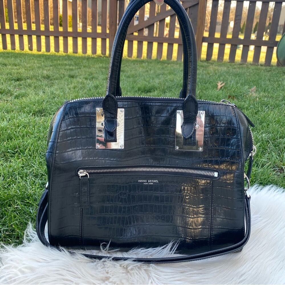 Henri Bendel Black Croc Print Leather Satchel